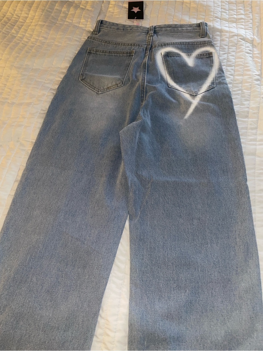 Brandy Melville Light Blue Flare Jeans with White Heart Detail